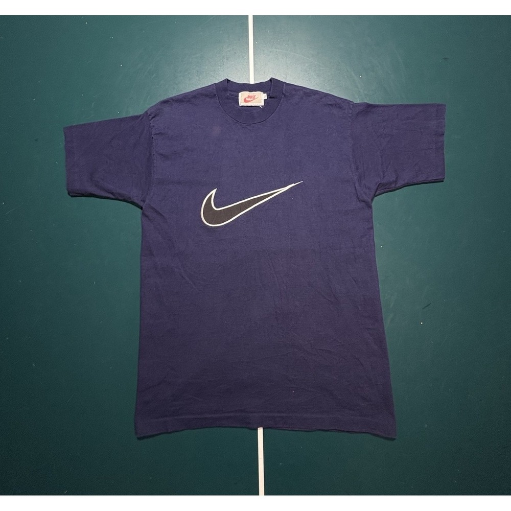 Vintage 90s Nike Big Swoosh Single Stitch T‎ Shirt Size Men's Large Navy Blue